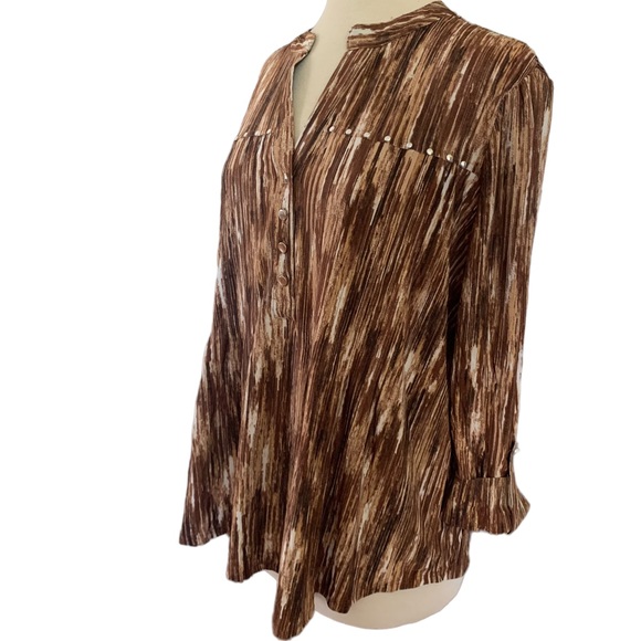 COCOMO XL Brown White 3/4 sleeve women's Pintuck Blouse top shirt - Picture 4 of 10